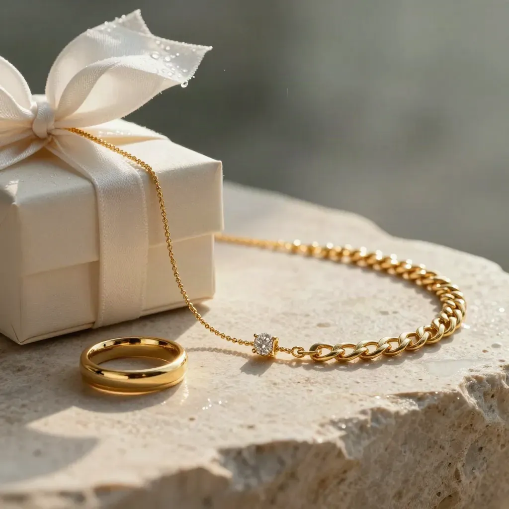 Gioielli d’oro 18k su pietra bagnata con scatola avorio e luce dorata.