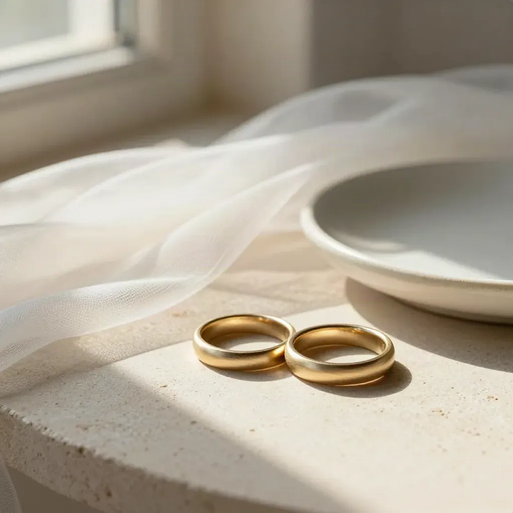 Due fedi d’oro 18k con velo leggero e ciotola in ceramica su pietra crema.