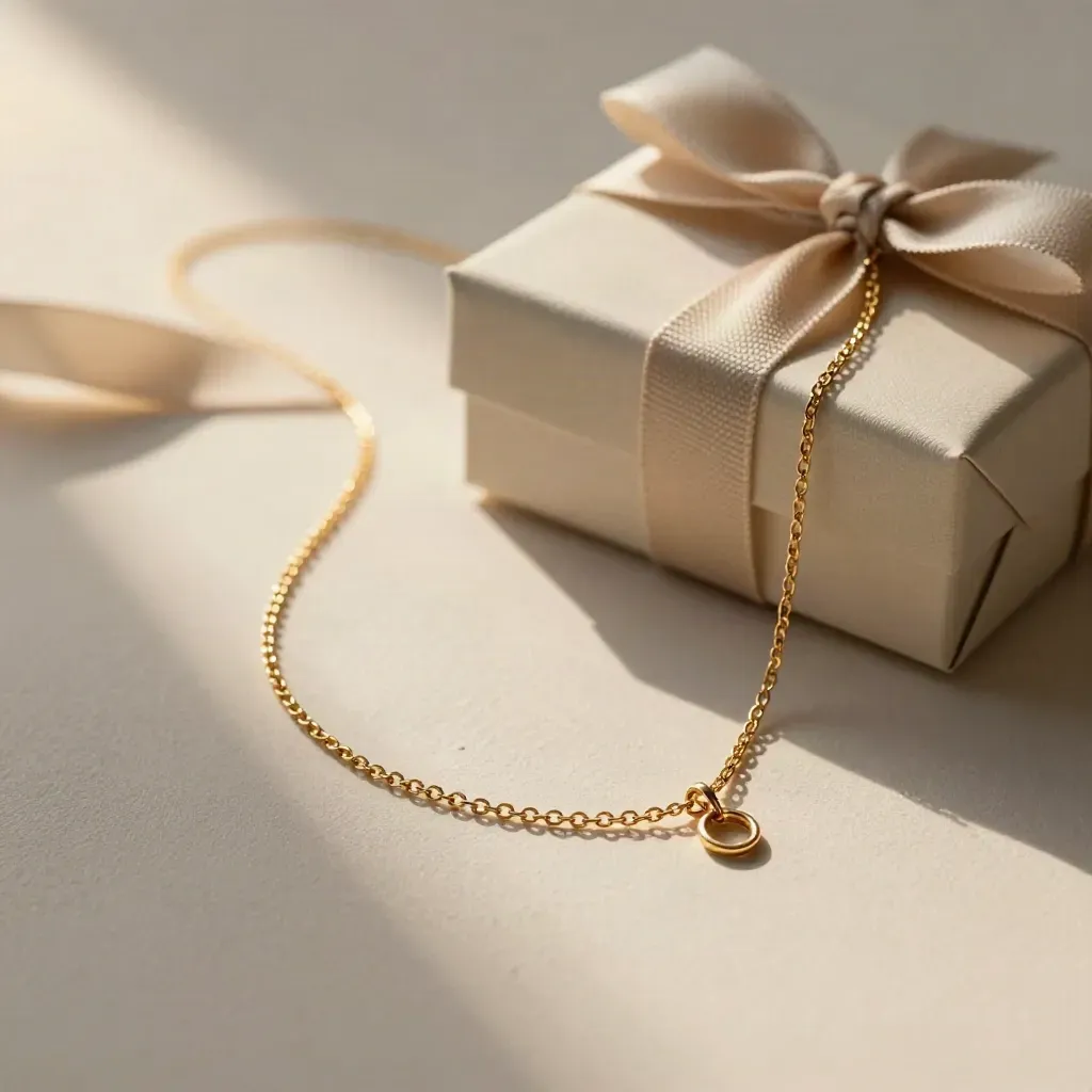 Collana sottile d’oro in scatola avorio con nastro di lino su plaster chiaro.