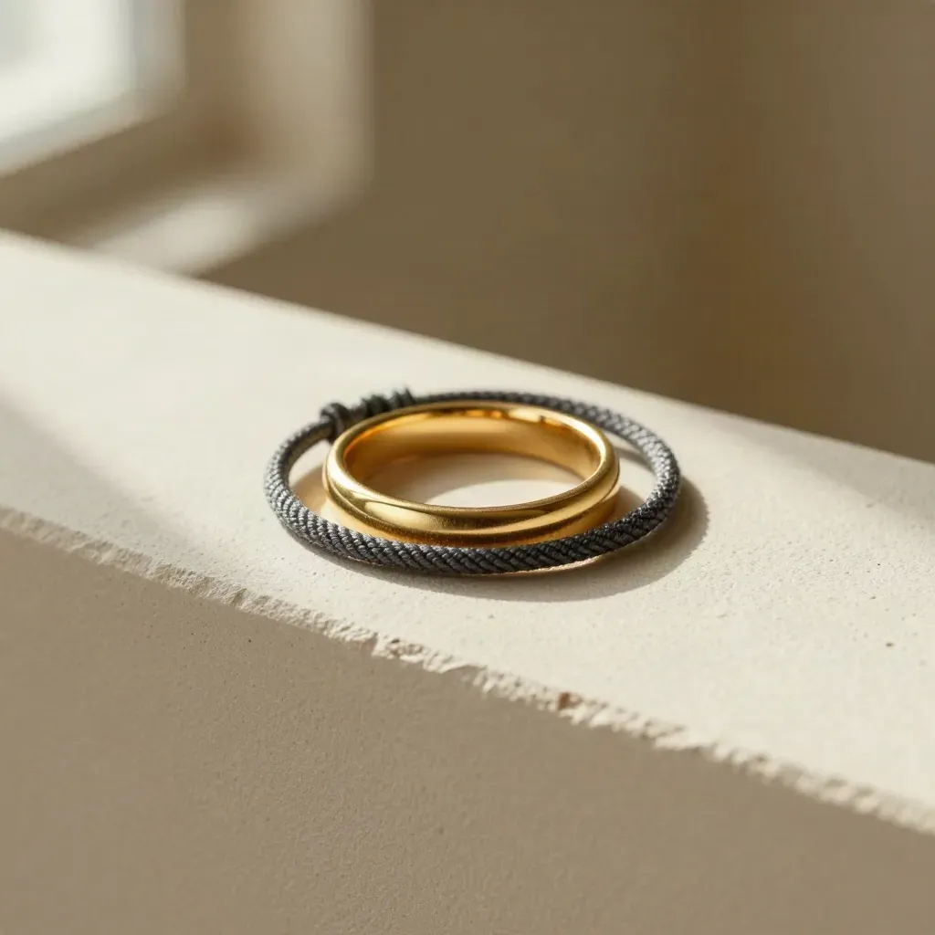 Anello in oro, misuratore e cordino su mensola in gesso, luce calda di finestra