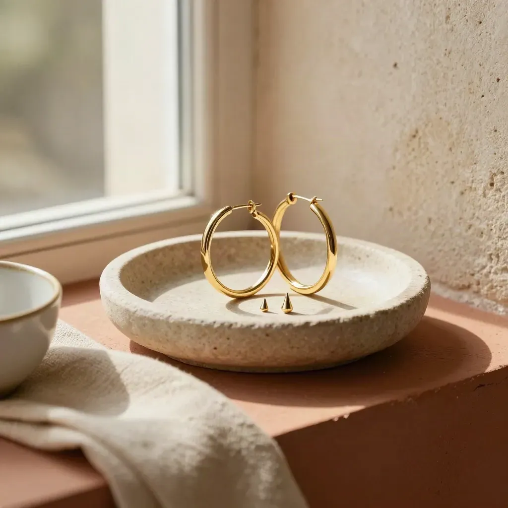 Orecchini a cerchio e punti luce in una ciotola di pietra con panno piegato e tazza ceramica.