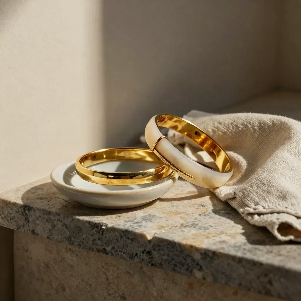 Bracciali rigidi d’oro su forma in pietra con piattino e tessuto piegato.