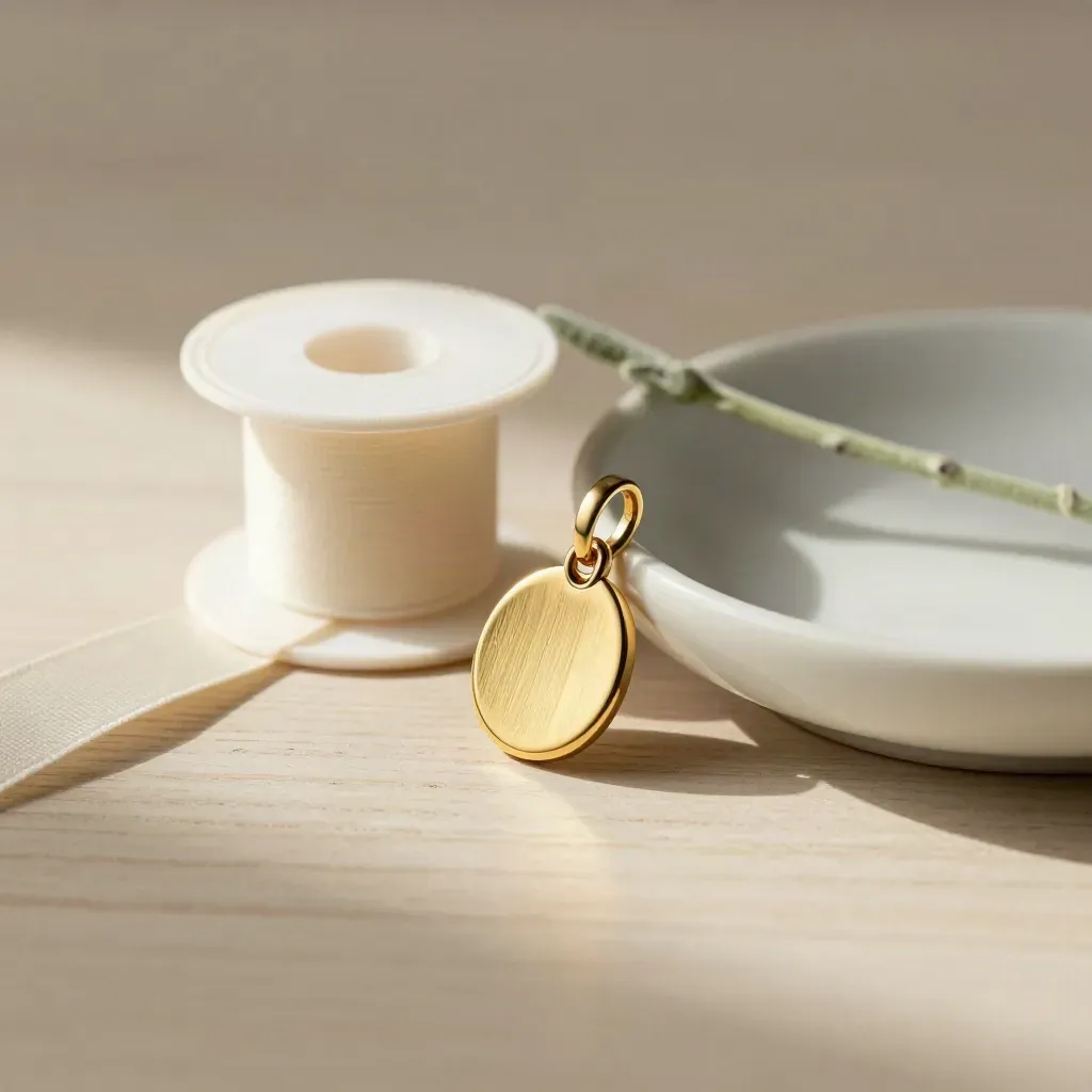 Charm d’oro con nastro e piattino in ceramica su legno chiaro, luce morbida naturale